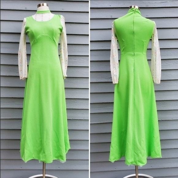 Vintage 70s Handmade Cottagecore Prairie Neon Green Rainbow Maxi dress XS - Picture 7 of 7